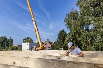 Montage houtskelet voor energiezuinige woning.
