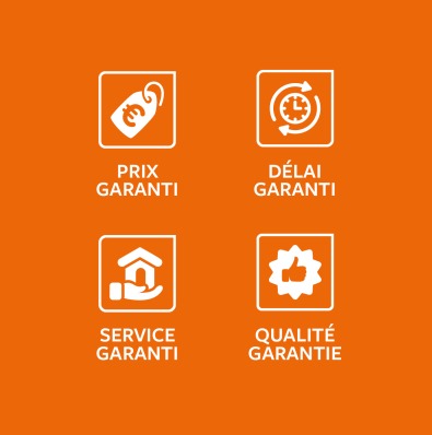Aperçu des quatre garanties de Dewaele : Prix, Délais, Service et Qualité.